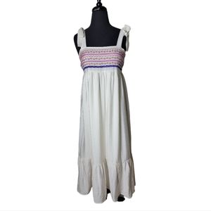 August Sky embroidered midi dress small white boho tiered Smocked sundress